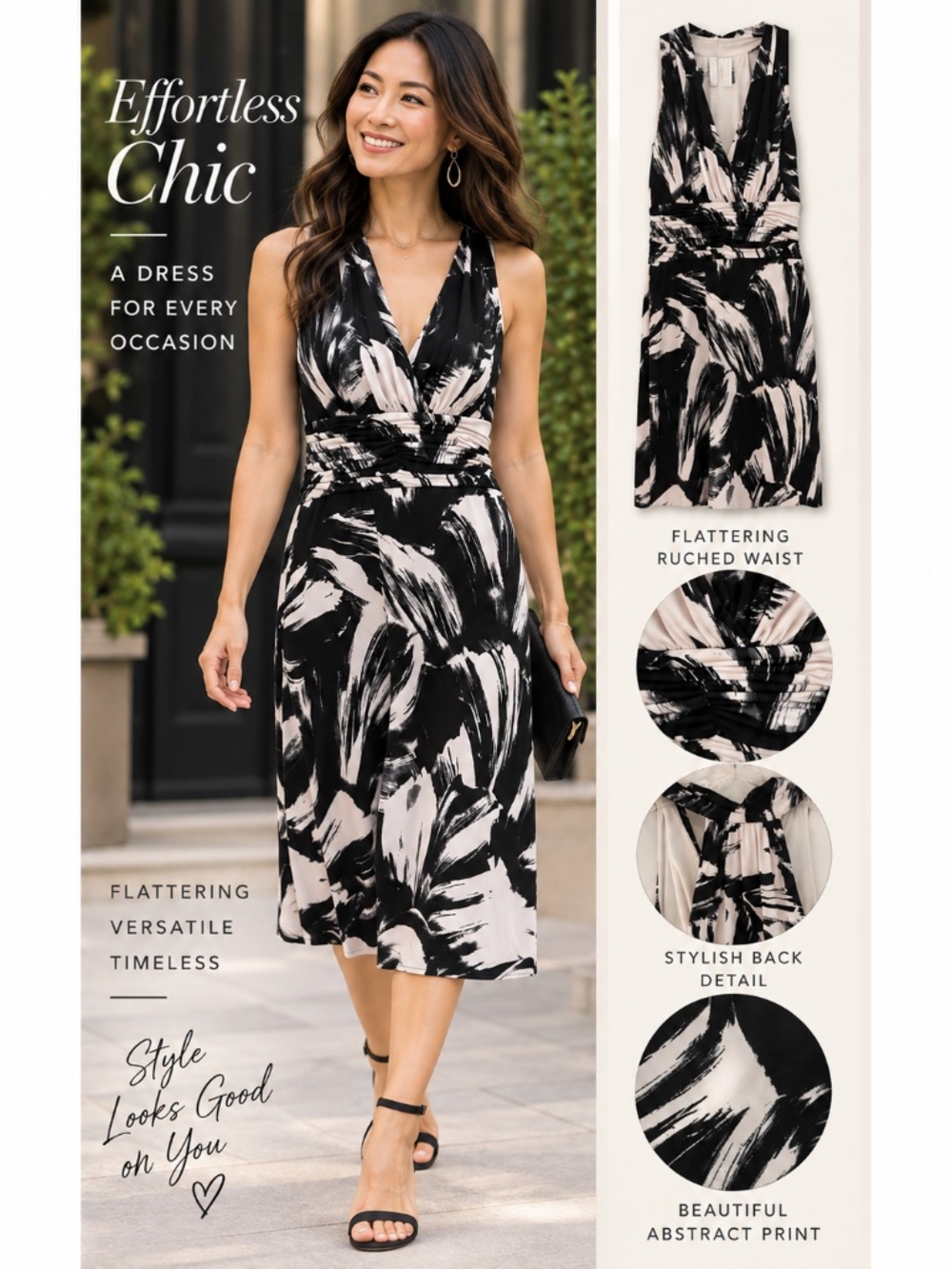 Jones New York Black & White Abstract Ruched Midi Dress Estimated XS